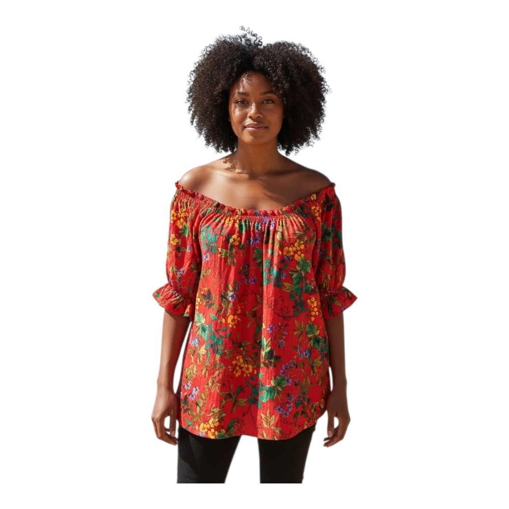 Chenault Womens Plus 3X Off-the-Shoulder Floral Ruffled Pullover Bohemian Blouse